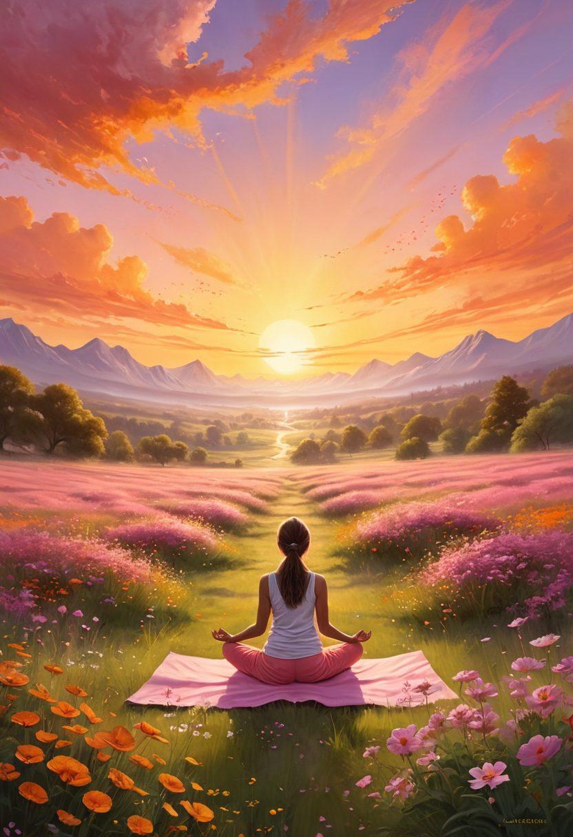 A serene landscape depicting a golden sunrise over a blooming meadow, symbolizing hope and renewal. In the foreground, diverse people practicing yoga and meditating, radiating positivity and energy. Positive affirmations are subtly integrated into the scene, like 'Choose Joy' and 'Embrace Change', enhancing the uplifting atmosphere. The sky is painted in warm hues, blending oranges and pinks to evoke a sense of vitality. super-realistic. vibrant colors. inspirational.