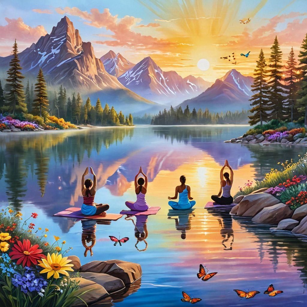 A serene landscape featuring a sunrise over a peaceful mountain lake, symbolizing joy and tranquility. In the foreground, diverse individuals engage in various joyful activities—yoga, painting, and laughing together. Soft, warm colors radiate happiness throughout the image, and gentle waves reflect the bright sunlight. A whimsical touch with butterflies and flowers adds a sense of blissful harmony. vibrant colors. painting.