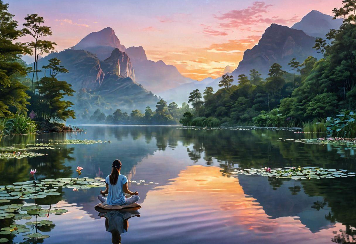 A tranquil landscape featuring a serene lake reflecting a pastel sunset, surrounded by lush greenery and mountain silhouettes. Include a person meditating on the shore, with gentle ripples in the water and floating lotus flowers. Incorporate soft, warm lighting to evoke a sense of peace and bliss. The scene should promote feelings of calm and mindfulness. vibrant colors. super-realistic.